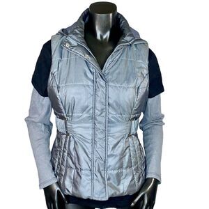 New York & Co Silver Puffer Vest w Removable Hood Size XS Zip Button Closure